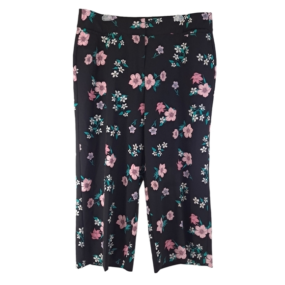 Lane Bryant 'The Allie' Black Wide Leg Pants Pink Green Floral Stretch - Sz 28 - Picture 1 of 10